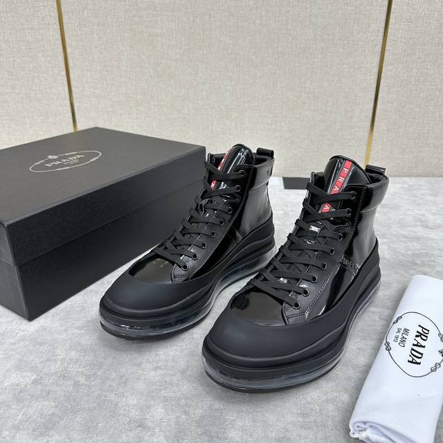 P's new Prad* high-top leather boots for men, made with imported Napa cowhide, f