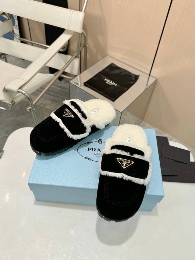 Prada Classic Closed-Toe Wool Slippers, a must-have for fashionistas! Featuring