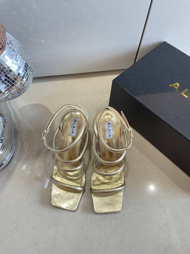 Roman Sandals with Piano Lacquer Geometric Heel, Alaia Strappy Slip-on Sandals