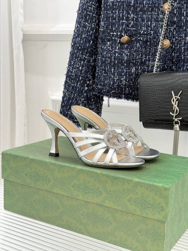 Factory Price Gucci 25Wf Early Spring Rhinestone Double G Strap High Heeled Sli