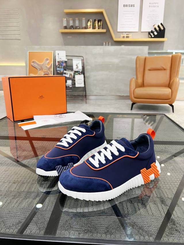 H Hermes Bouuncing sneakers, casual sneakers for couples, featuring a calfskin a