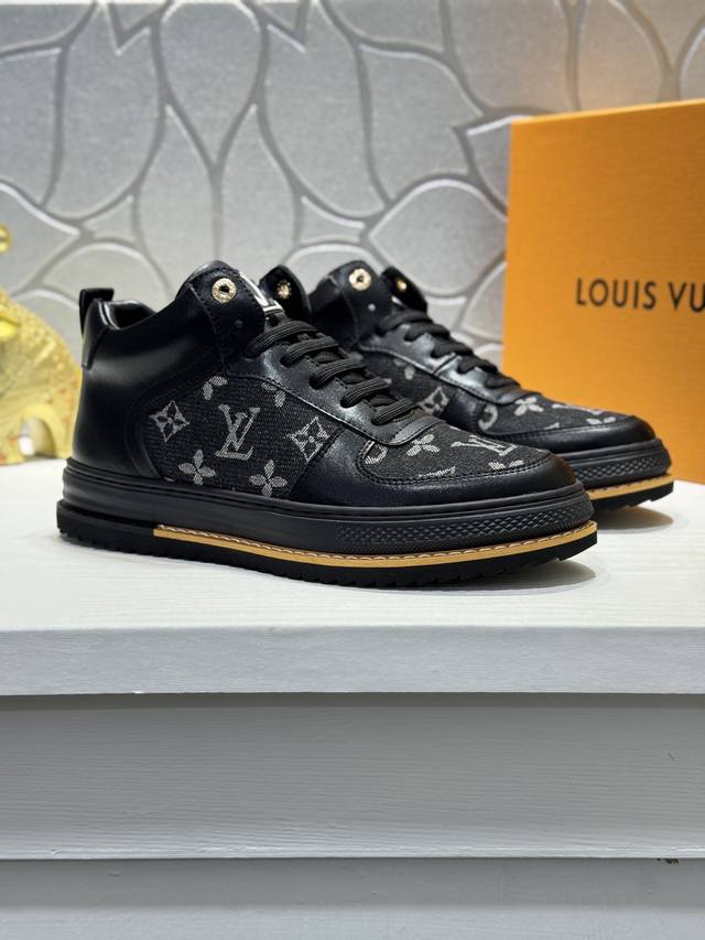 Louis Vuitton (LV) New Men's High-Top Sneakers. The upper is crafted from a comb