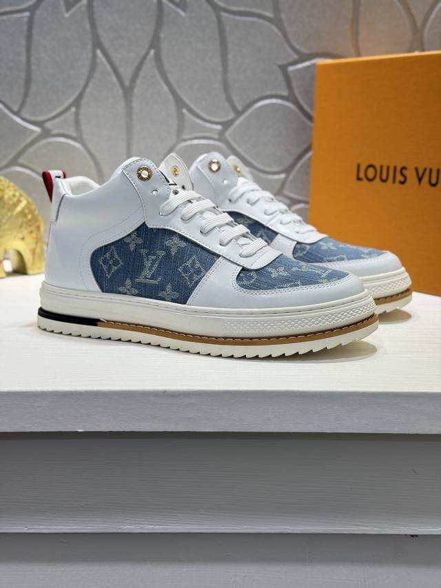 Louis Vuitton (LV) Luxury New Men's High-Top Sneakers. The upper is crafted from
