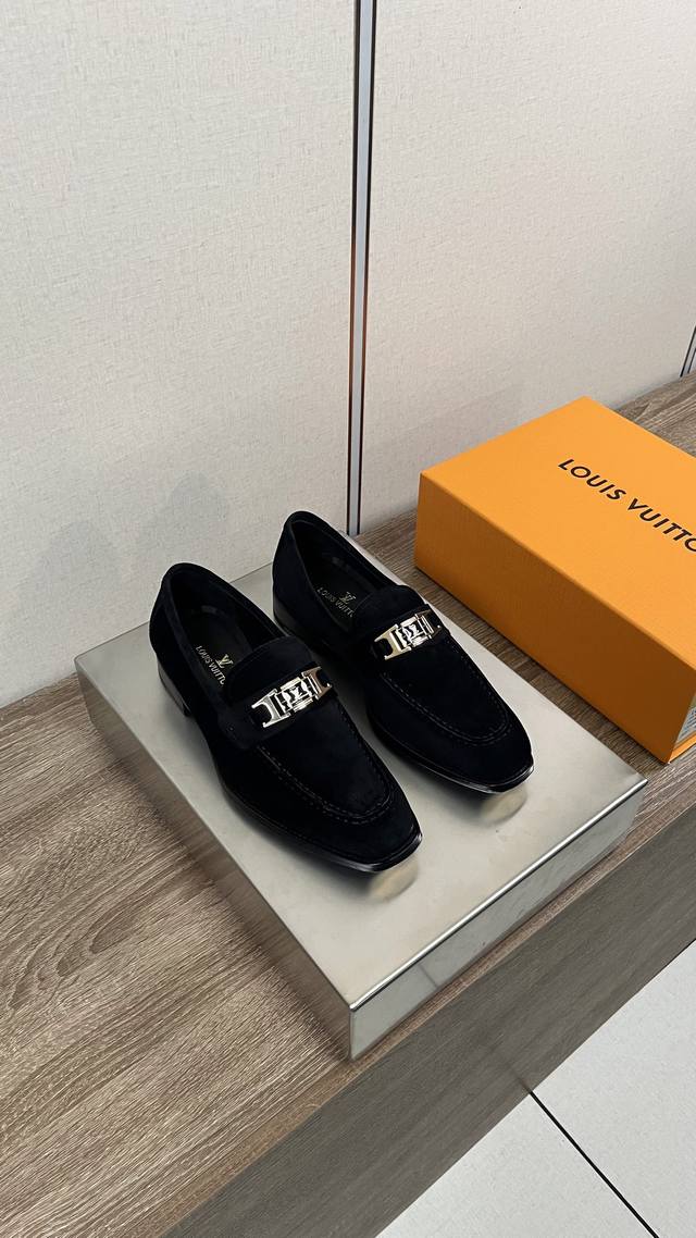 Louis Vuitto* Men's Business Casual Leather Shoes Imported Black Suede - Lining: