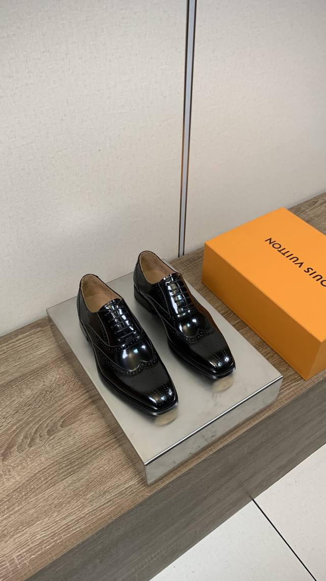 Louis Vuitto* Men's Business Casual Leather Shoes Imported Black Split Bead - Li