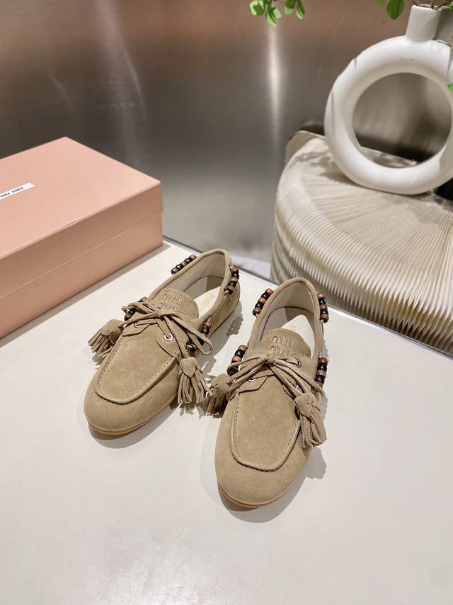 Factory direct single shoes/slippers 330 Miu Miu 2025 distressed lace-up eyelet