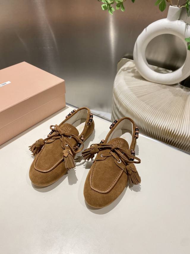 Factory direct single shoes/slippers 330 Miu Miu 2025 distressed lace-up eyelet