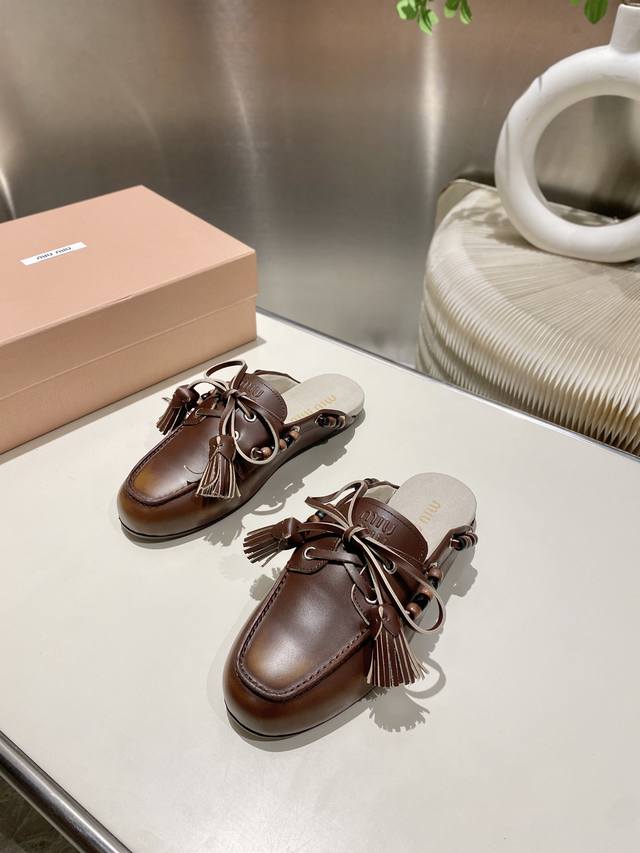 Factory direct single shoes/slippers 330 Miu Miu 2025 distressed lace-up eyelet