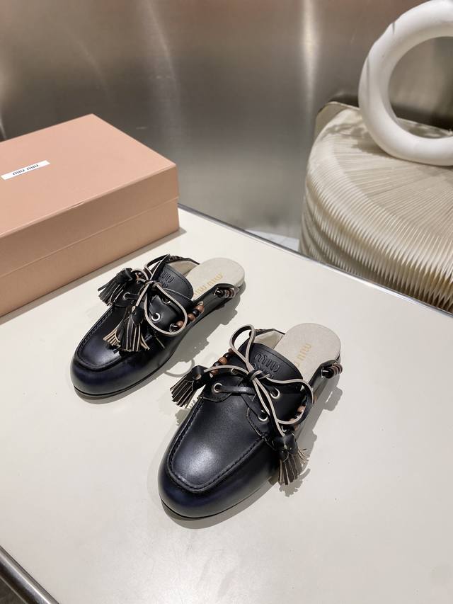 Factory direct single shoes/slippers 330 Miu Miu 2025 distressed lace-up eyelet