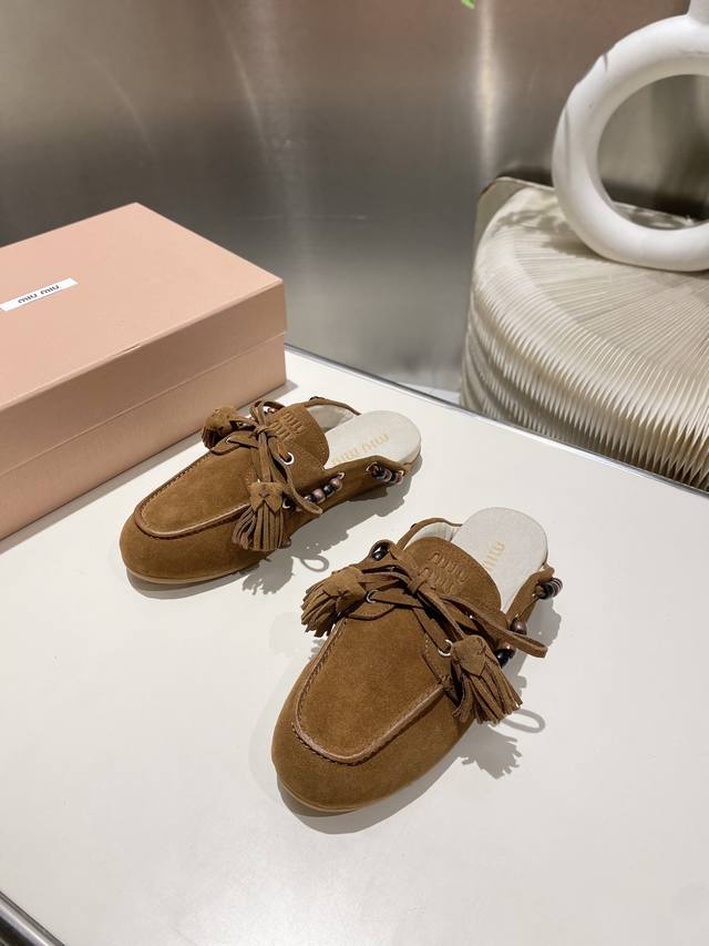 Factory direct single shoes/slippers 330 Miu Miu 2025 distressed lace-up eyelet