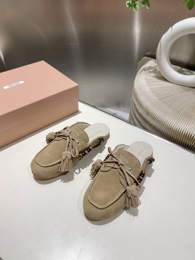 Factory direct single shoes/slippers 330 Miu Miu 2025 distressed lace-up eyelet