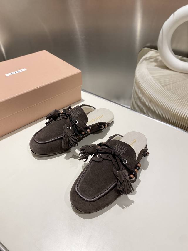 Factory direct single shoes/slippers 330 Miu Miu 2025 distressed lace-up eyelet