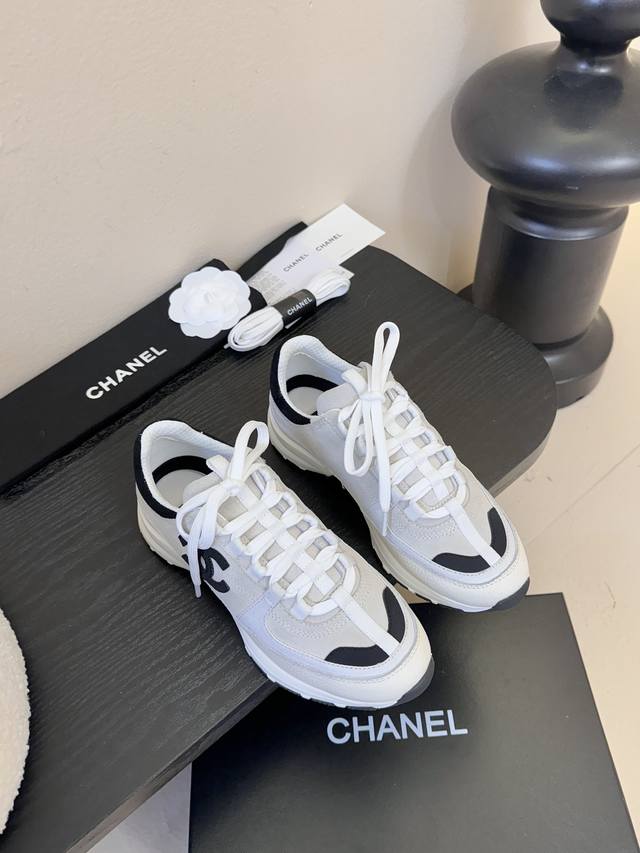 Chanel 2025 New Style Suede Round Toe Panda Diamond Pattern Thick Sole Sneakers