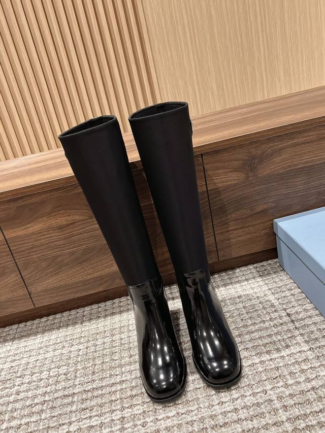 Fabric and Leather Patchwork# Prada riding boots, fashionable and casual motorcy