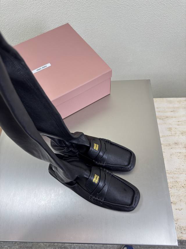 Square Toe Series High Boots, Elastic Lambskin, Expensive Miu'miu Loafers Black