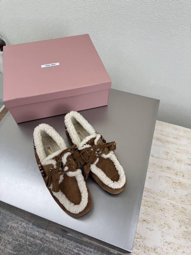 Miu'miu Loafers with Vintage Wooden Beads in Wool Lining High-Gloss Tan Suede Le