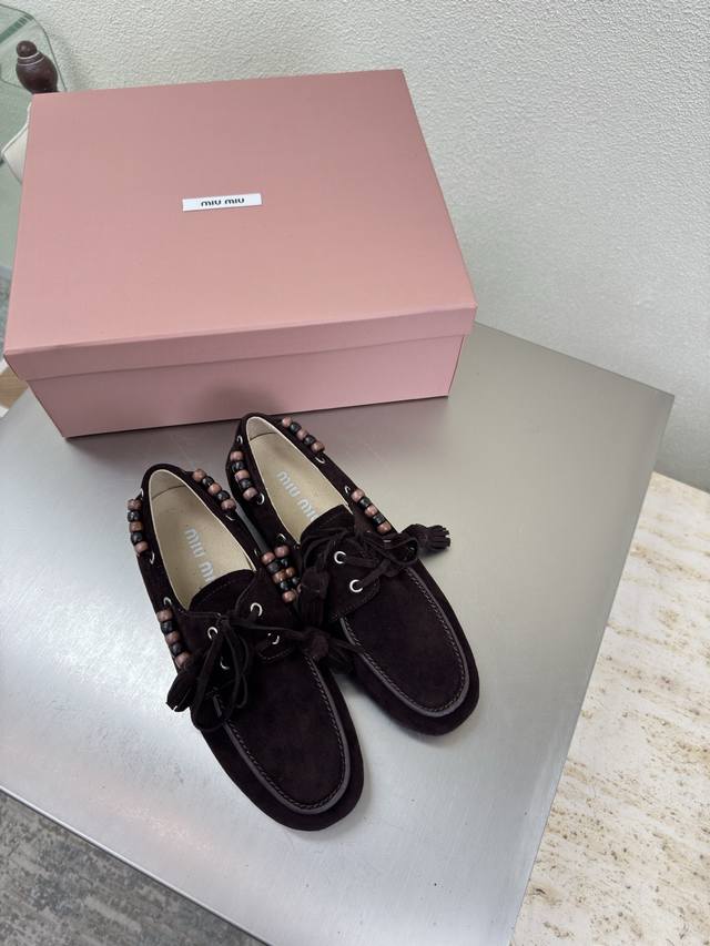 Retro Wooden Beaded Miu'miu Loafers Dark Coffee High-Gloss Calfskin Leather Flat