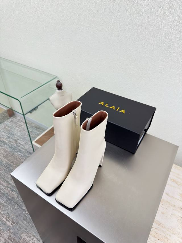 Top-grain cowhide inner zipper ankle boots, overlaid sole, square toe, 9cm high