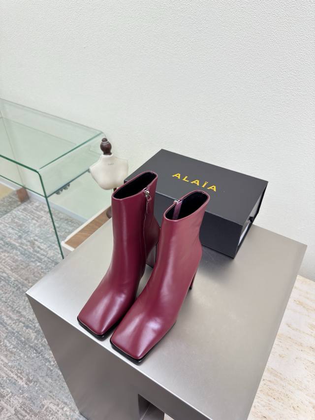 Top-grain cowhide inner zipper ankle boots, upper-covered, square toe, 9cm calf