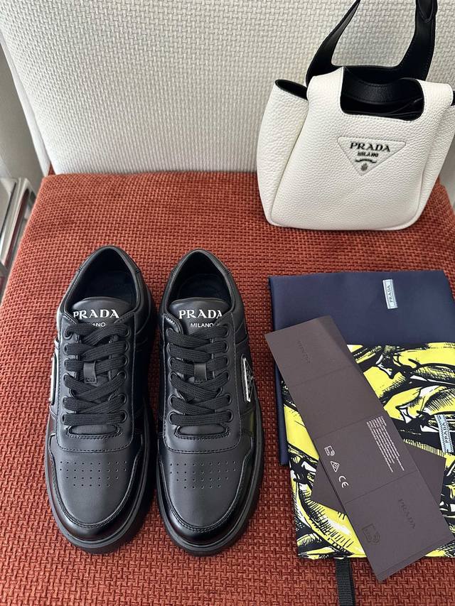 Dongguan Made | Comes with Airplane Box Prada Triangle Logo Leather Sneakers |