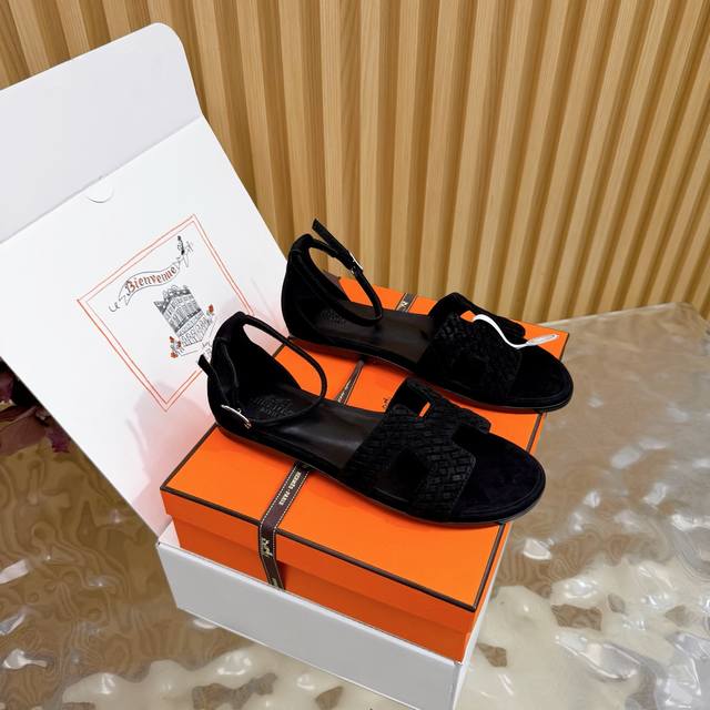 Top Quality# Hermes Oran Woven Suede Sandals 2025 H Latest Version Classic H Wov