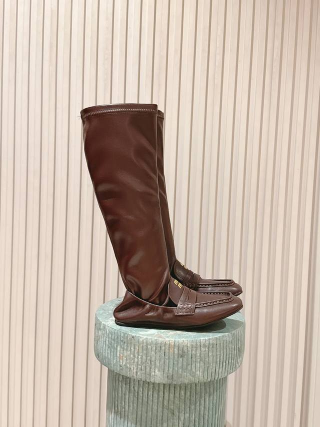 Top Version: Miumiu 25S New High-Top Loafer Patchwork Elastic Leather Boots - Su