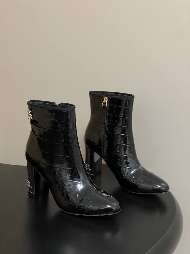 Chanel Two-Tone High-Heeled Ankle Boots, Classic Double C Rhinestone Buckle Side