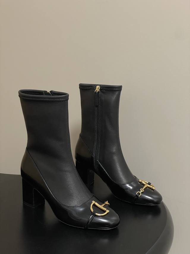 25Ss Autumn/Winter New Gucci Horsebit High-Heeled Ankle Boots with Side Zipper T