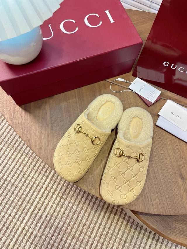 Gucci 24Ss Autumn/Winter New Flat Wool Slippers Super comfortable double-strap w