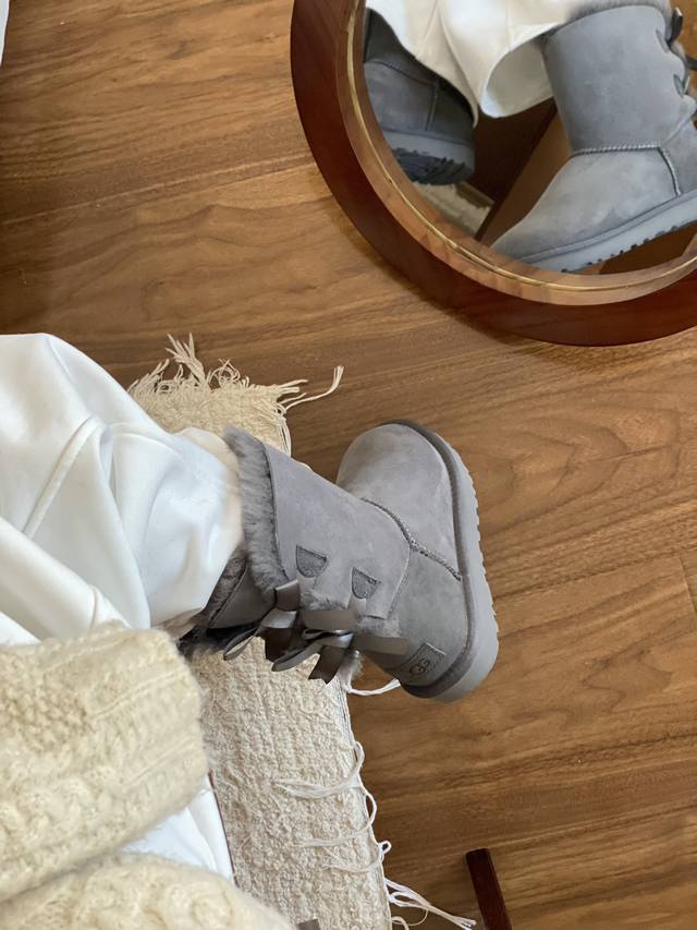 Ugg Basic Style Double Ribbon Sheepskin Snow Boots Black, Grey, Maroon Size 35-4