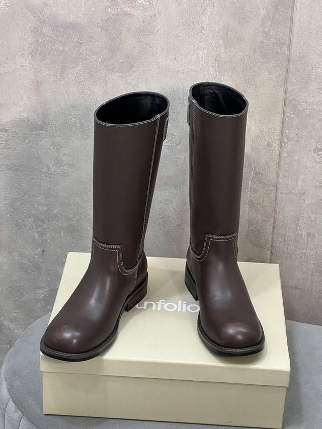 Unfolio Autumn/Winter New Style Belt Buckle Round Toe Straight Boots Upper: Cowh