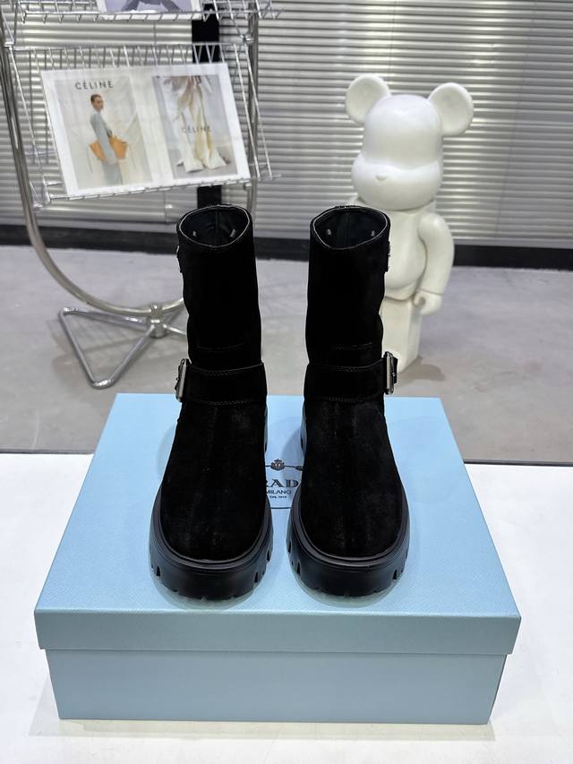 Factory Price pp Short Boots, Leather Style Prada Classic Triangle Logo Slip-on