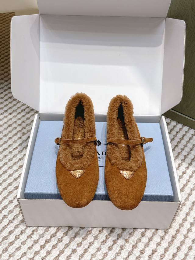 Retail-grade Prada Mary Jane Fleece Flats with Triangle Logo These Nappa wool ba