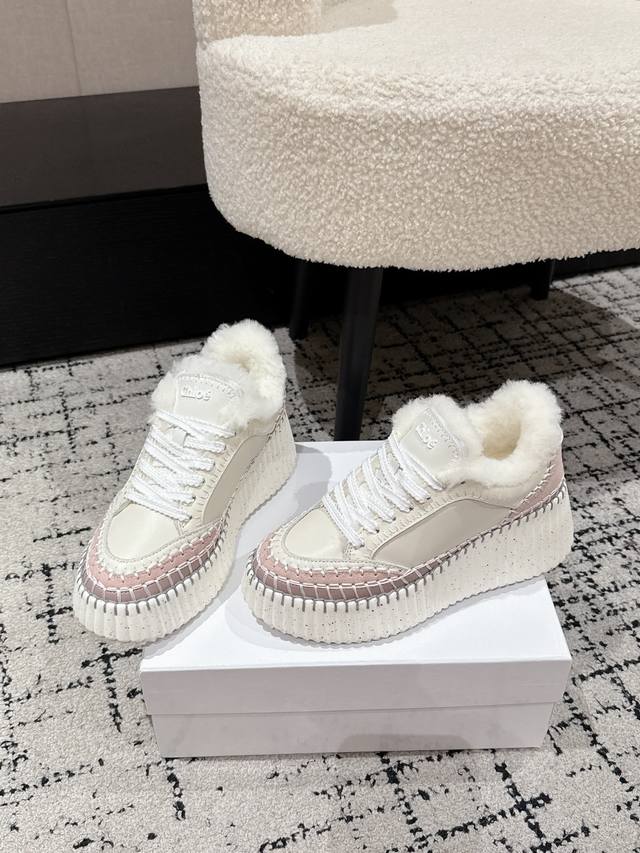 Top-tier version Chloe 25 Winter New Nama Wool-lined Thick-soled White Sneakers