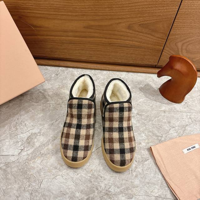 Factory Direct Miu Checkered Plush Ankle Boots. These Miu checkered plush ankle