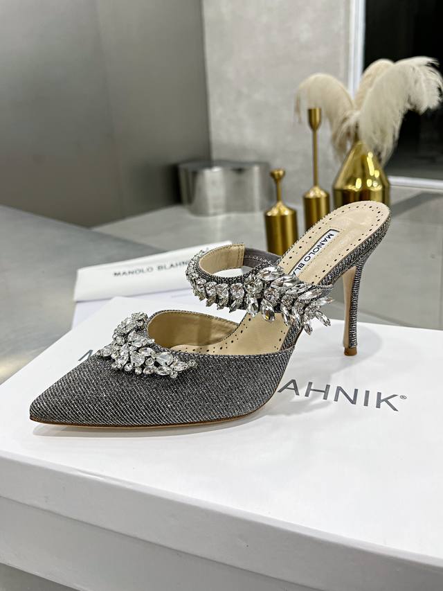 Top-tier version Manolo Blahnik 90mm "Lurum" Swarovski crystal silk satin mules,