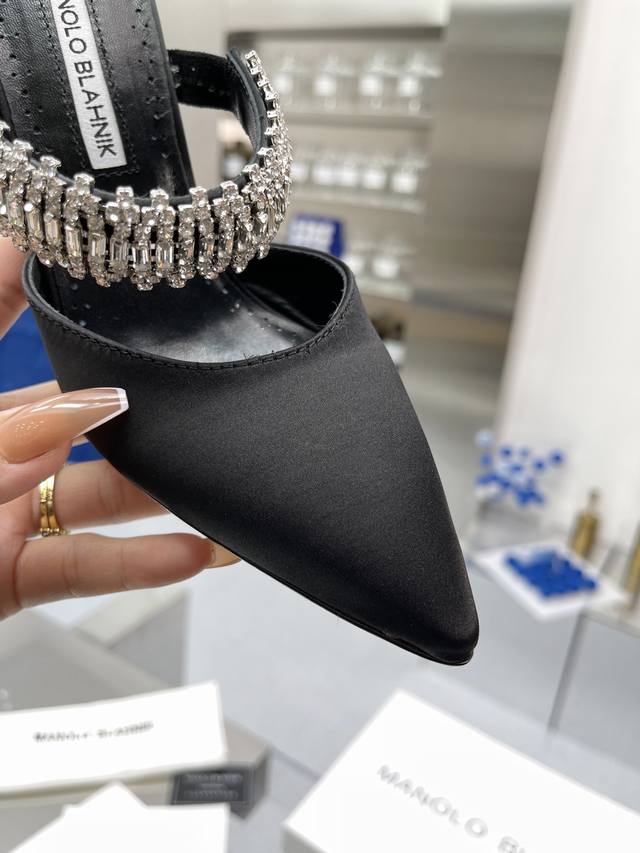 Top-tier version Manolo Blahnik 90mm "Lurum" Swarovski crystal silk satin mules,