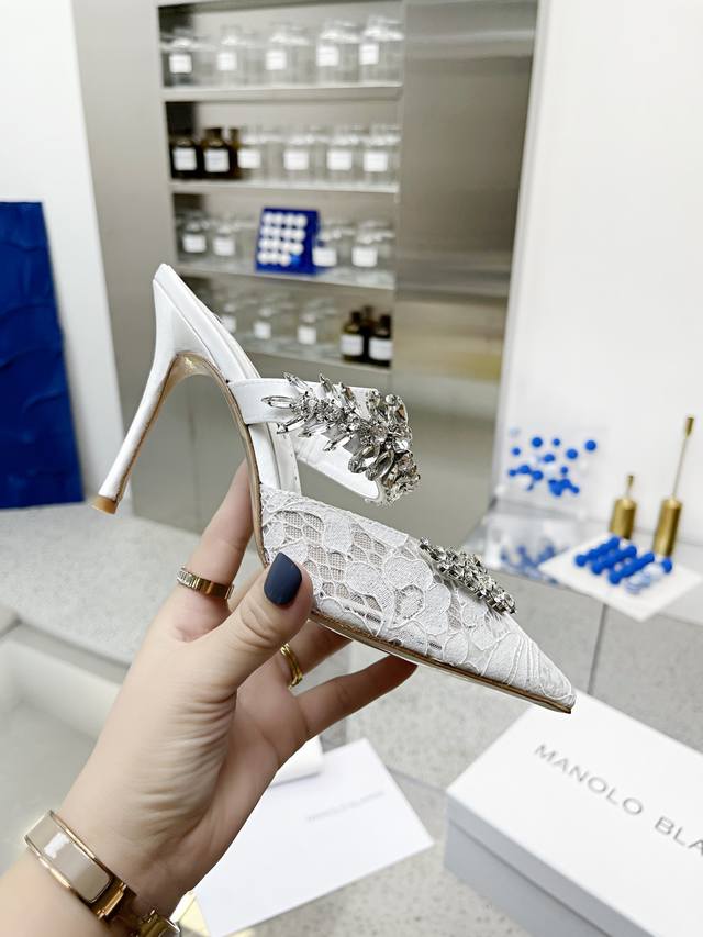 Top-tier version Manolo Blahnik 90mm "Lurum" Swarovski crystal silk satin mules,