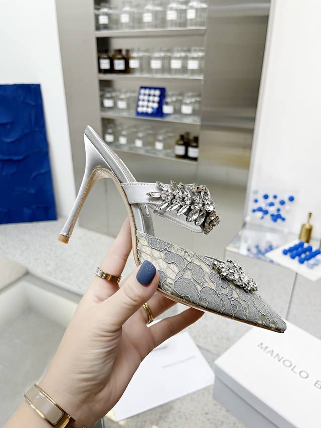 Top-tier version Manolo Blahnik 90mm "Lurum" Swarovski crystal silk satin mules,