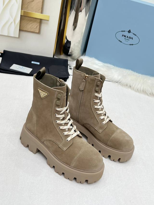 2025 Prada New Classic Triangle Logo Platform Martin Boots with Lace-up and Zipp
