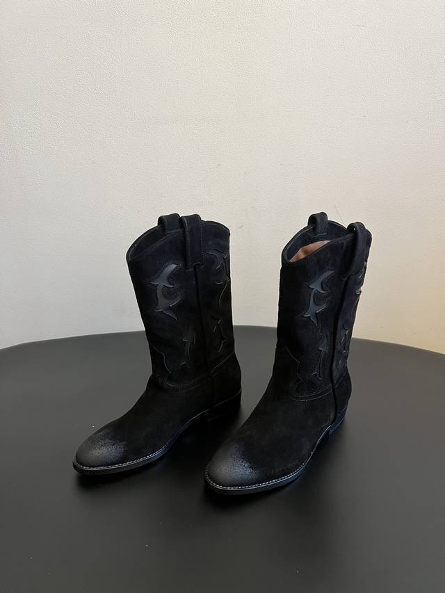 Sartor* Retro Flared Hollow-Out Cowboy Boots These Western cowboy boots retain t