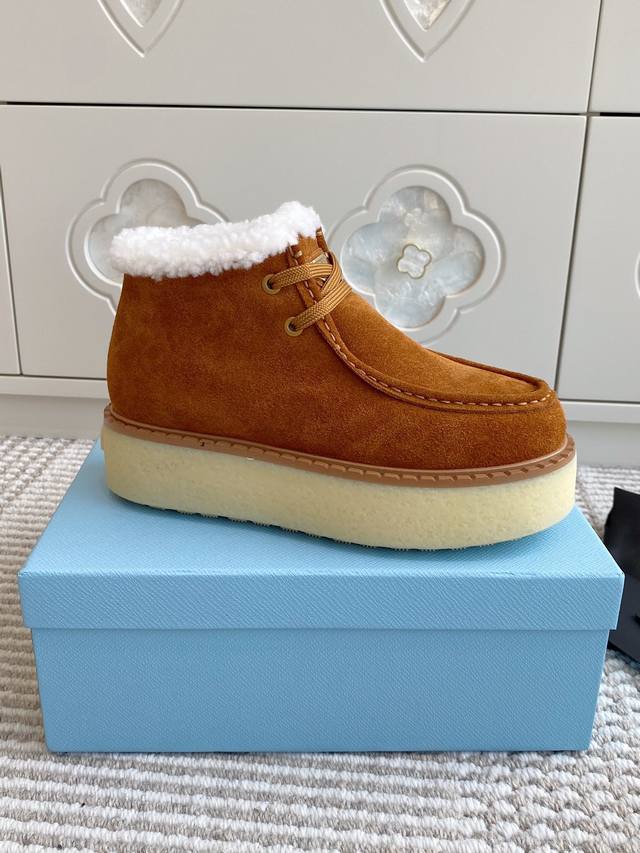 Prada New Triangle Logo Thick-Soled Wool Snow Boots, High-Top Lace-Up Ankle Boo