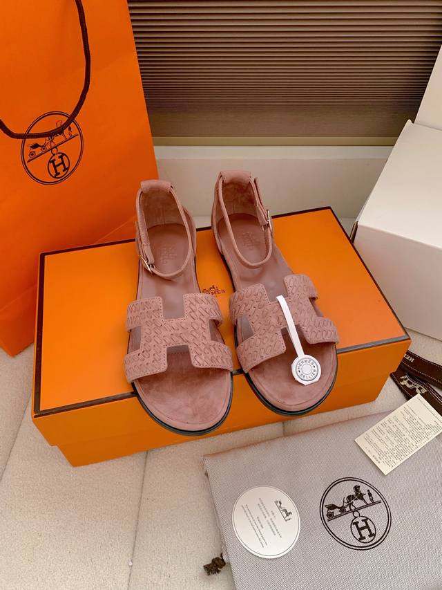 Factory Price p, Top Quality Hermes Santorini Sandals Woven Suede Series H Bran
