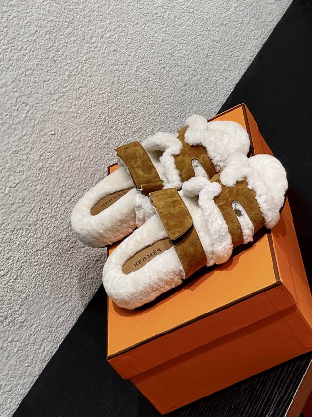 Hermes Chypre Series Teddy Bear Fur Slippers, H-Style Fur Slippers, Velcro Fur S