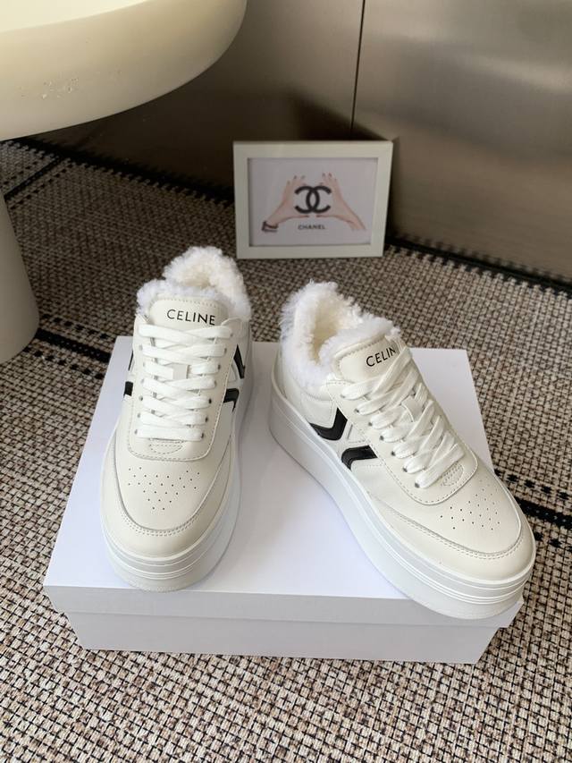 Celine 25Ss New Thick-Soled Wool-Lined Casual Sneakers, White Sneakers Simple, c