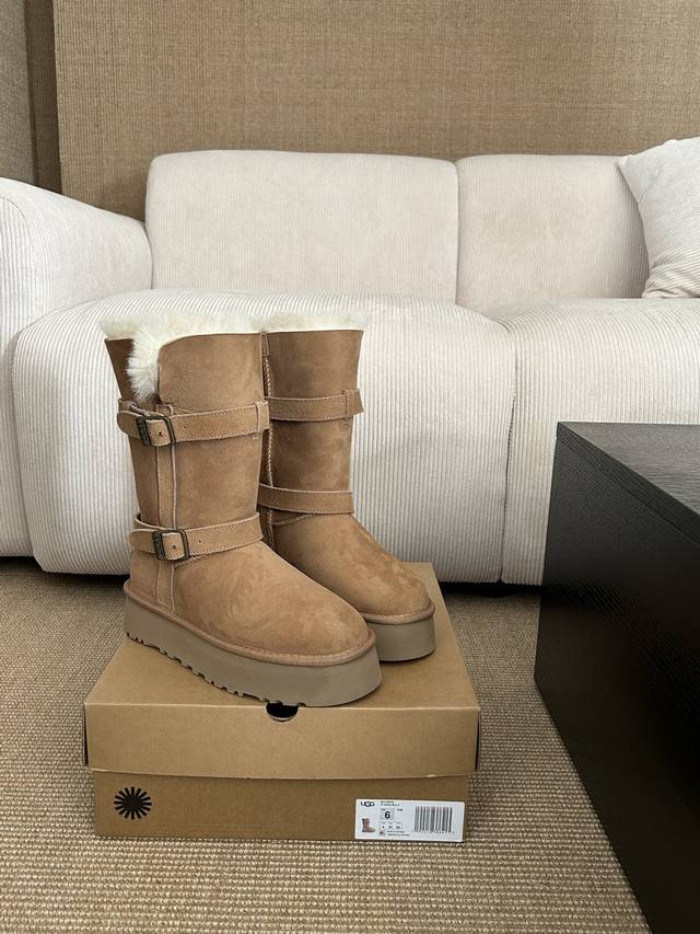 Mid-calf platform equestrian boots Longfeng Grade A leather and fur integrated