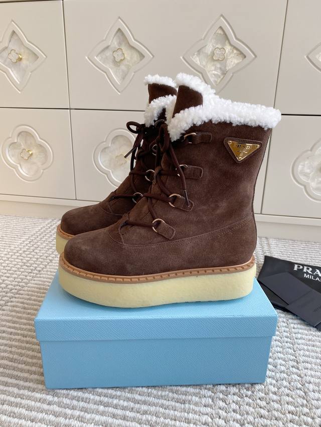 Prada New Triangle Logo Thick-Soled Wool Snow Boots, High-Top Lace-Up Ankle Boo