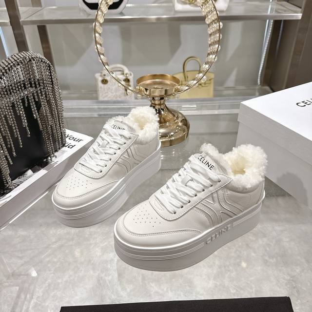 High-quality factory version Celine 2025Ss new logo lace-up platform wool-lined