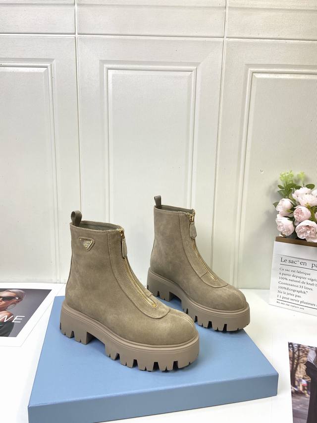 Denim Suede PDA Prada Classic Triangle Logo Slip-on Women's Ankle Boots A must-