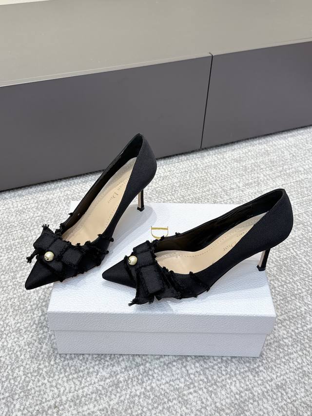 Retailer-grade Dior 25Ss Cd bow pearl kitten heel shoes New Dior shoes recommend